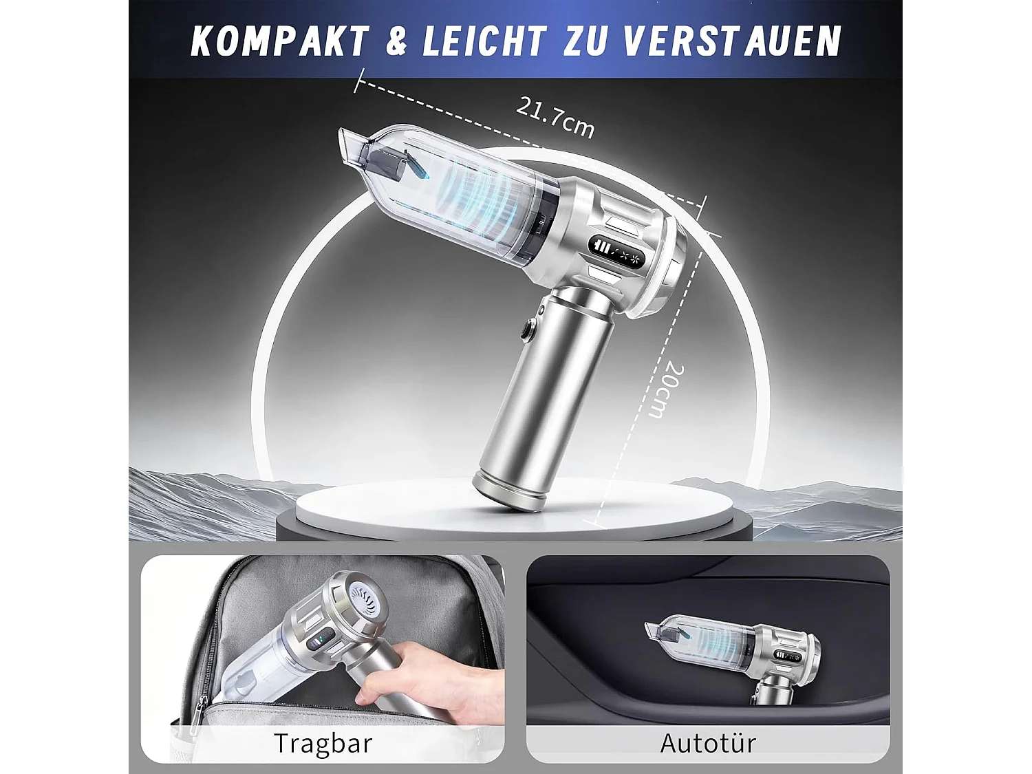 Nettlife Aspirateur à Main Sans Fil 17000Pa - Mini Aspirateur Voiture Puissant 4 en 1 - Moteur Brushless 3 Vitesses - Maison & Animaux, Argent