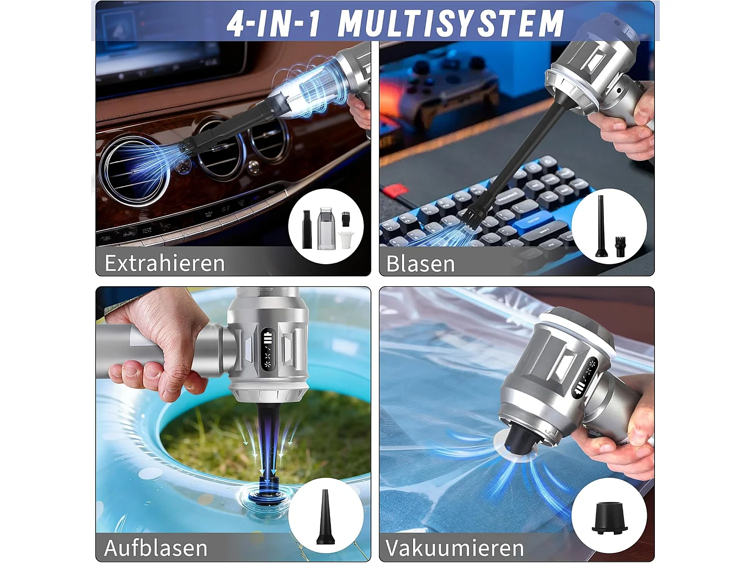 Nettlife Aspirateur à Main Sans Fil 17000Pa - Mini Aspirateur Voiture Puissant 4 en 1 - Moteur Brushless 3 Vitesses - Maison & Animaux, Argent