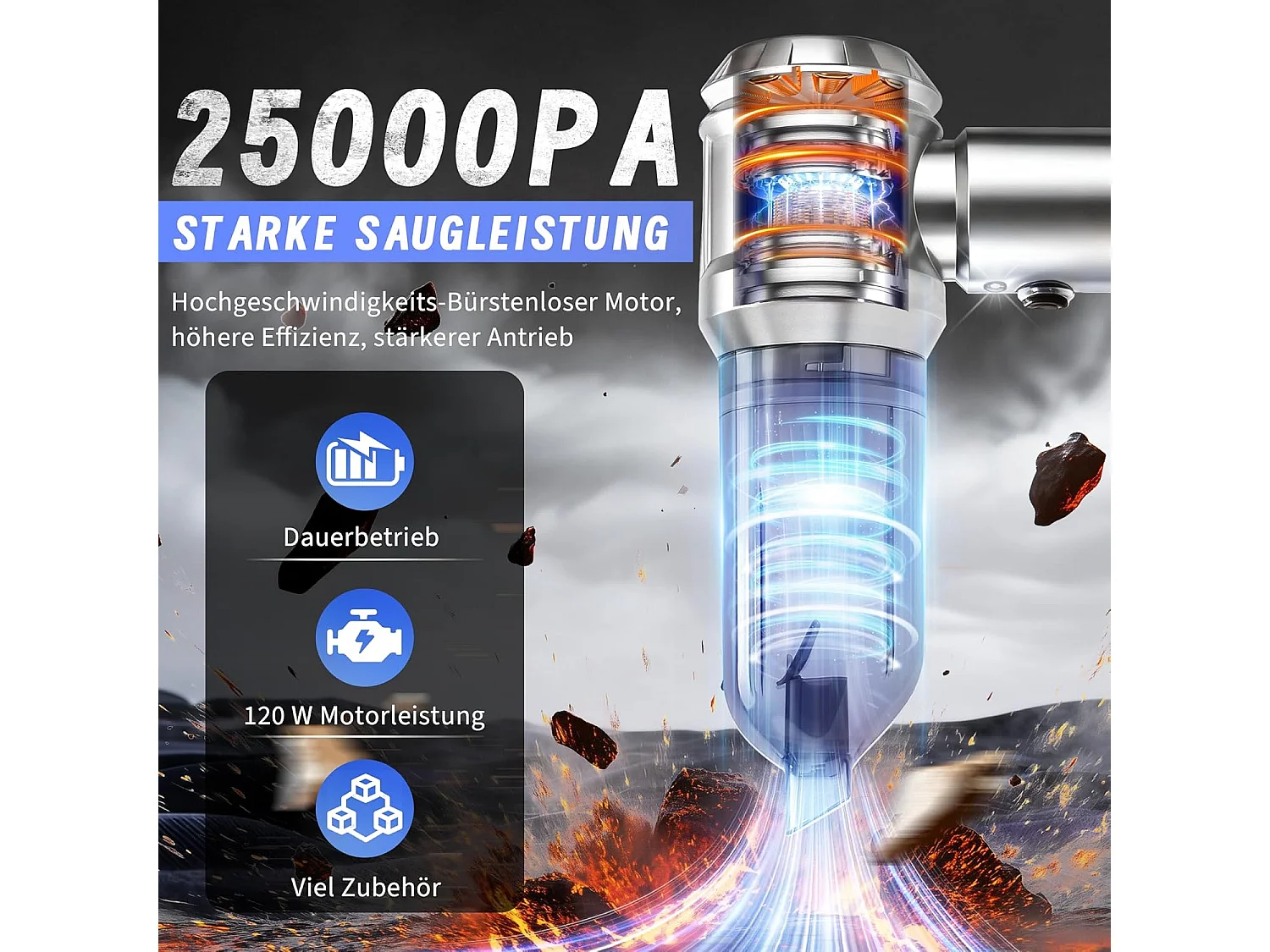 Nettlife Aspirateur à Main Sans Fil 17000Pa - Mini Aspirateur Voiture Puissant 4 en 1 - Moteur Brushless 3 Vitesses - Maison & Animaux, Argent