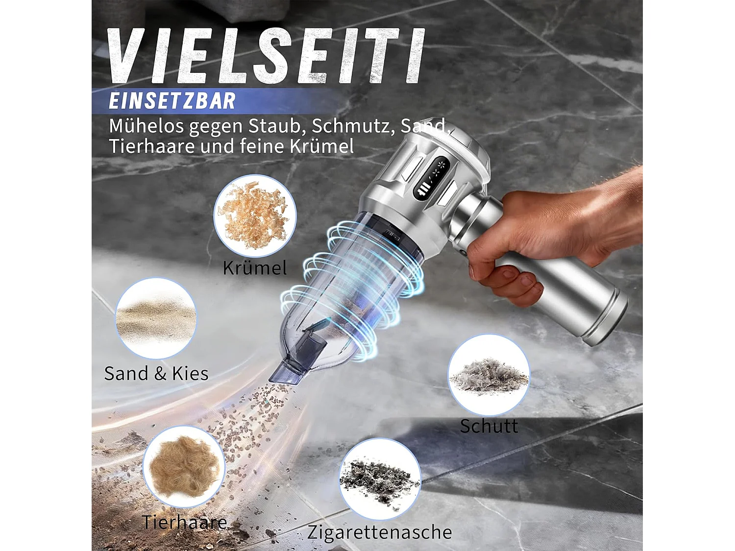 Nettlife Aspirateur à Main Sans Fil 17000Pa - Mini Aspirateur Voiture Puissant 4 en 1 - Moteur Brushless 3 Vitesses - Maison & Animaux, Argent