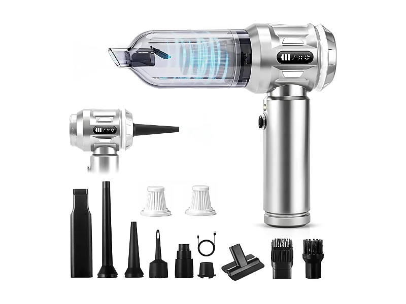 Nettlife Aspirateur à Main Sans Fil 17000Pa - Mini Aspirateur Voiture Puissant 4 en 1 - Moteur Brushless 3 Vitesses - Maison & Animaux, Argent