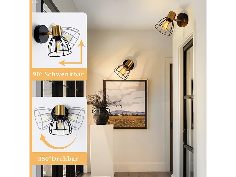 Nettlife Binnenwandlamp, Vintage Stijl - Zwart, Wandspot met één lamp, Hallamp, 350° draaibaar, E14, (Lamp niet inbegrepen)