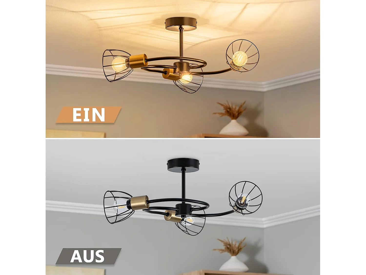 NETTLIFE plafonnier noir vintage en métal, 3 lumières E14, style industriel, pour salon, cuisine, couloir, chambre et salle à manger