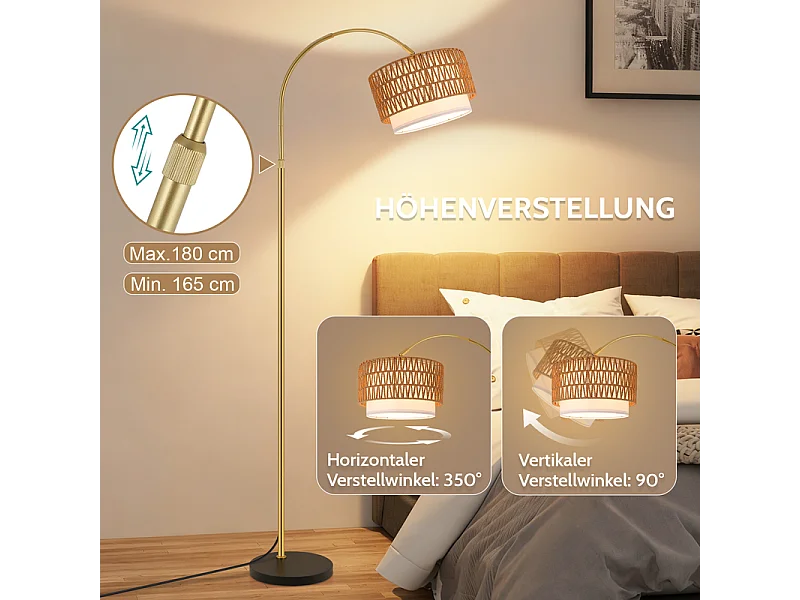 Lampa podłogowa Nettlife Boho Rattan – ściemnialna lampa łukowa z pilotem, dioda LED E27, styl vintage, wysokość 165–180 cm, obrót 350°, kolor złoty