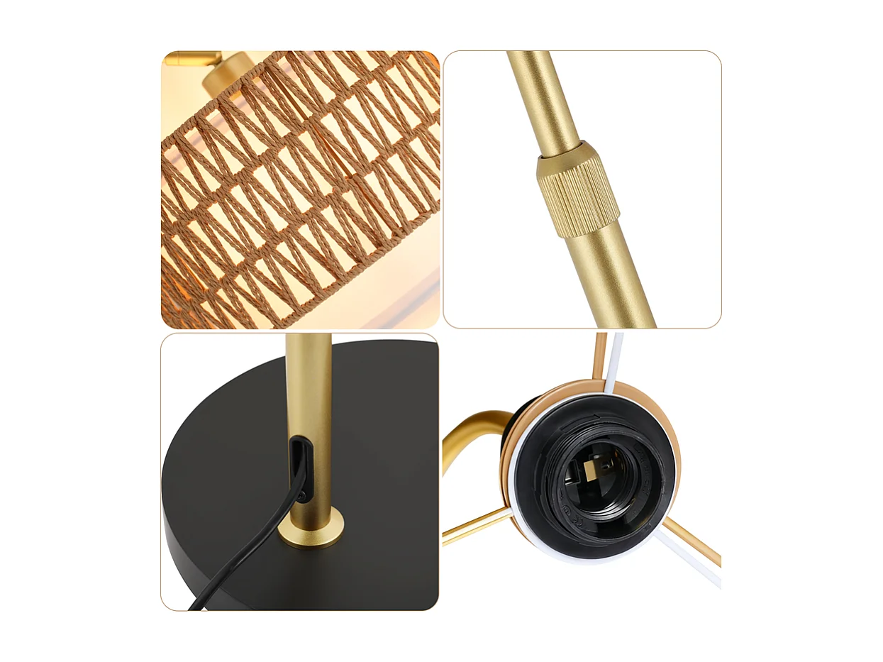 Lampa podłogowa Nettlife Boho Rattan – ściemnialna lampa łukowa z pilotem, dioda LED E27, styl vintage, wysokość 165–180 cm, obrót 350°, kolor złoty