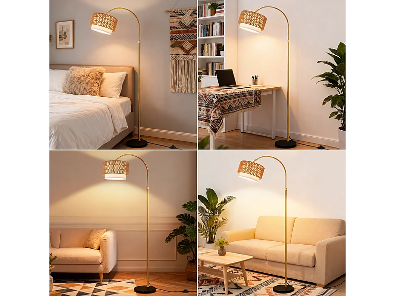 Lampa podłogowa Nettlife Boho Rattan – ściemnialna lampa łukowa z pilotem, dioda LED E27, styl vintage, wysokość 165–180 cm, obrót 350°, kolor złoty