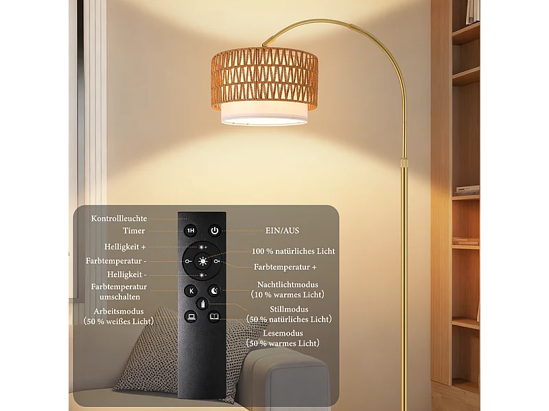 Lampadaire Nettlife Boho en Rotin – Lampe Arquée Dimmable avec Télécommande, LED E27, Style Vintage, Hauteur 165–180 cm, Pivot 350°, Doré
