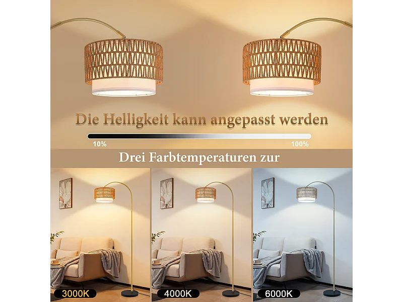 Lampadaire Nettlife Boho en Rotin – Lampe Arquée Dimmable avec Télécommande, LED E27, Style Vintage, Hauteur 165–180 cm, Pivot 350°, Doré