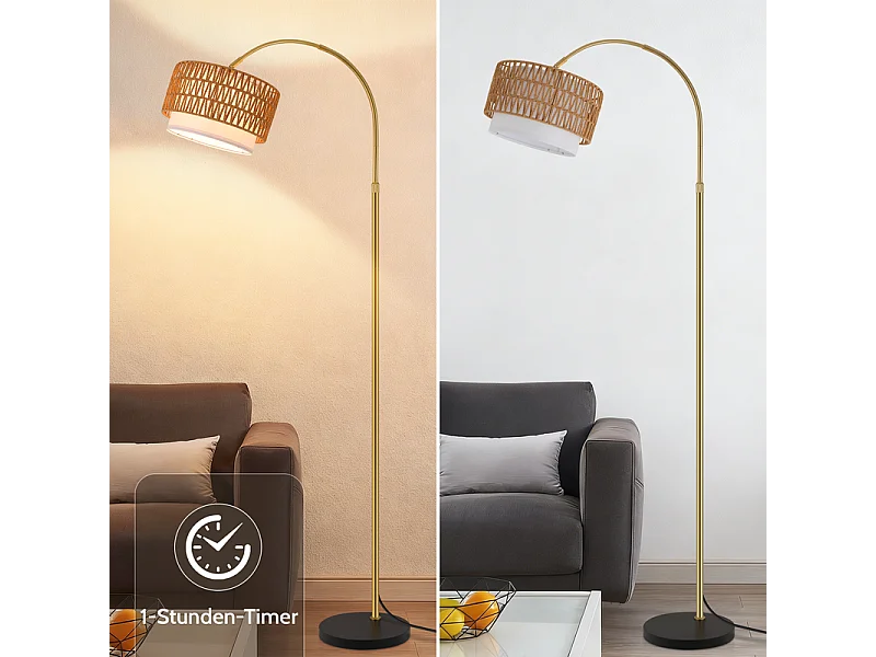 Lampadaire Nettlife Boho en Rotin – Lampe Arquée Dimmable avec Télécommande, LED E27, Style Vintage, Hauteur 165–180 cm, Pivot 350°, Doré