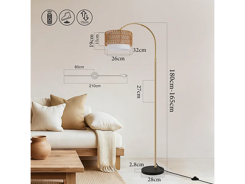 Lampadaire Nettlife Boho en Rotin – Lampe Arquée Dimmable avec Télécommande, LED E27, Style Vintage, Hauteur 165–180 cm, Pivot 350°, Doré