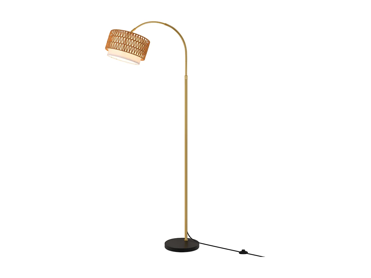 Lampadaire Nettlife Boho en Rotin – Lampe Arquée Dimmable avec Télécommande, LED E27, Style Vintage, Hauteur 165–180 cm, Pivot 350°, Doré