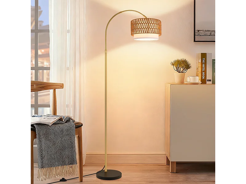 Nettlife Boho Rattan Vloerlamp – Dimbaar, gebogen model met afstandsbediening, E27 LED, vintage stijl, hoogte 165–180 cm, 350° draaibaar, goudkleurig