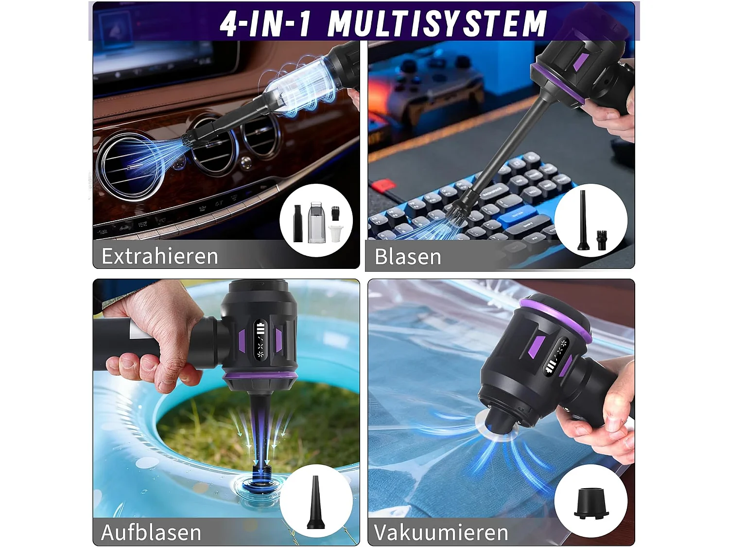 Nettlife Aspirateur à Main Sans Fil 17000Pa - Mini Aspirateur Voiture Puissant 4 en 1 - Moteur Brushless 3 Vitesses - Auto, Maison & Poils Animaux