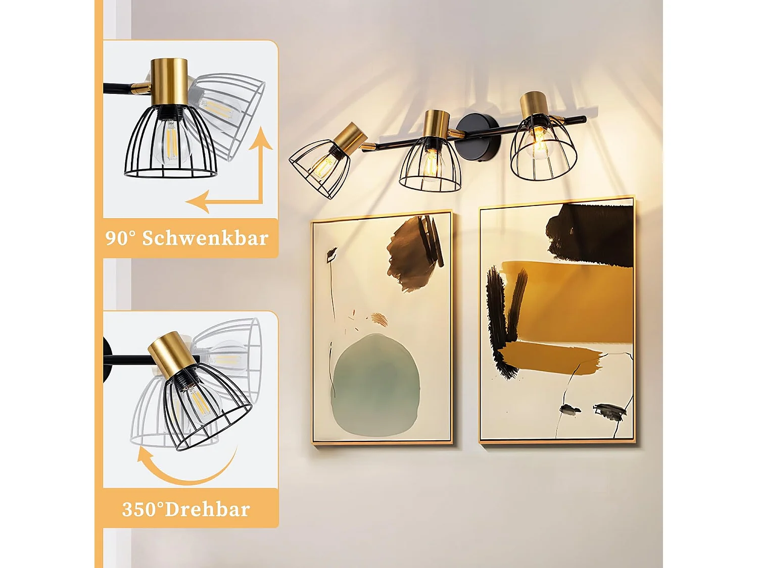 NETTLIFE vintage zwarte metalen wandlamp, 3xE14, 350° verstelbare spots, retrostijl, voor woonkamer, hal, slaapkamer (lampen niet inbegrepen)