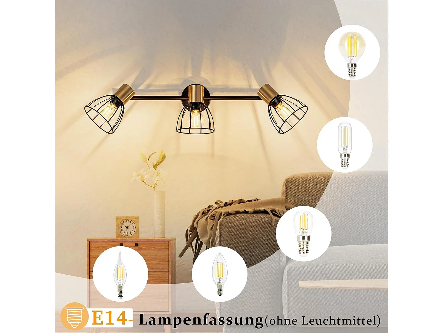 NETTLIFE vintage zwarte metalen wandlamp, 3xE14, 350° verstelbare spots, retrostijl, voor woonkamer, hal, slaapkamer (lampen niet inbegrepen)