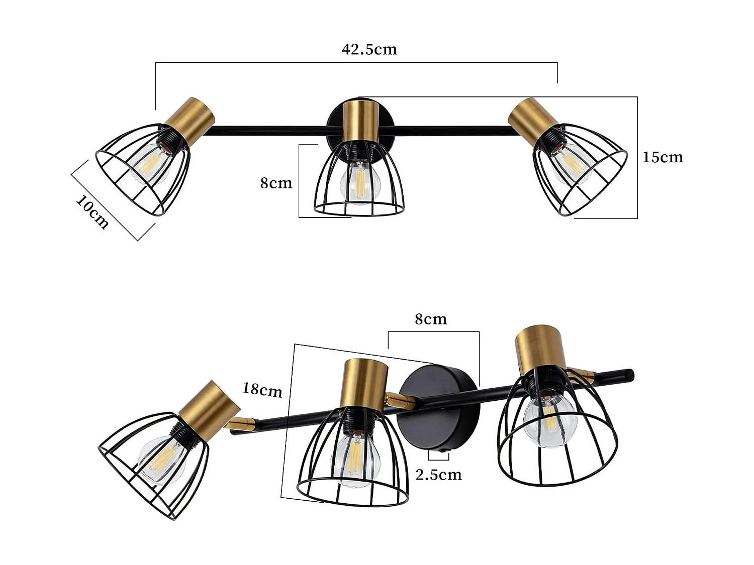 NETTLIFE vintage zwarte metalen wandlamp, 3xE14, 350° verstelbare spots, retrostijl, voor woonkamer, hal, slaapkamer (lampen niet inbegrepen)