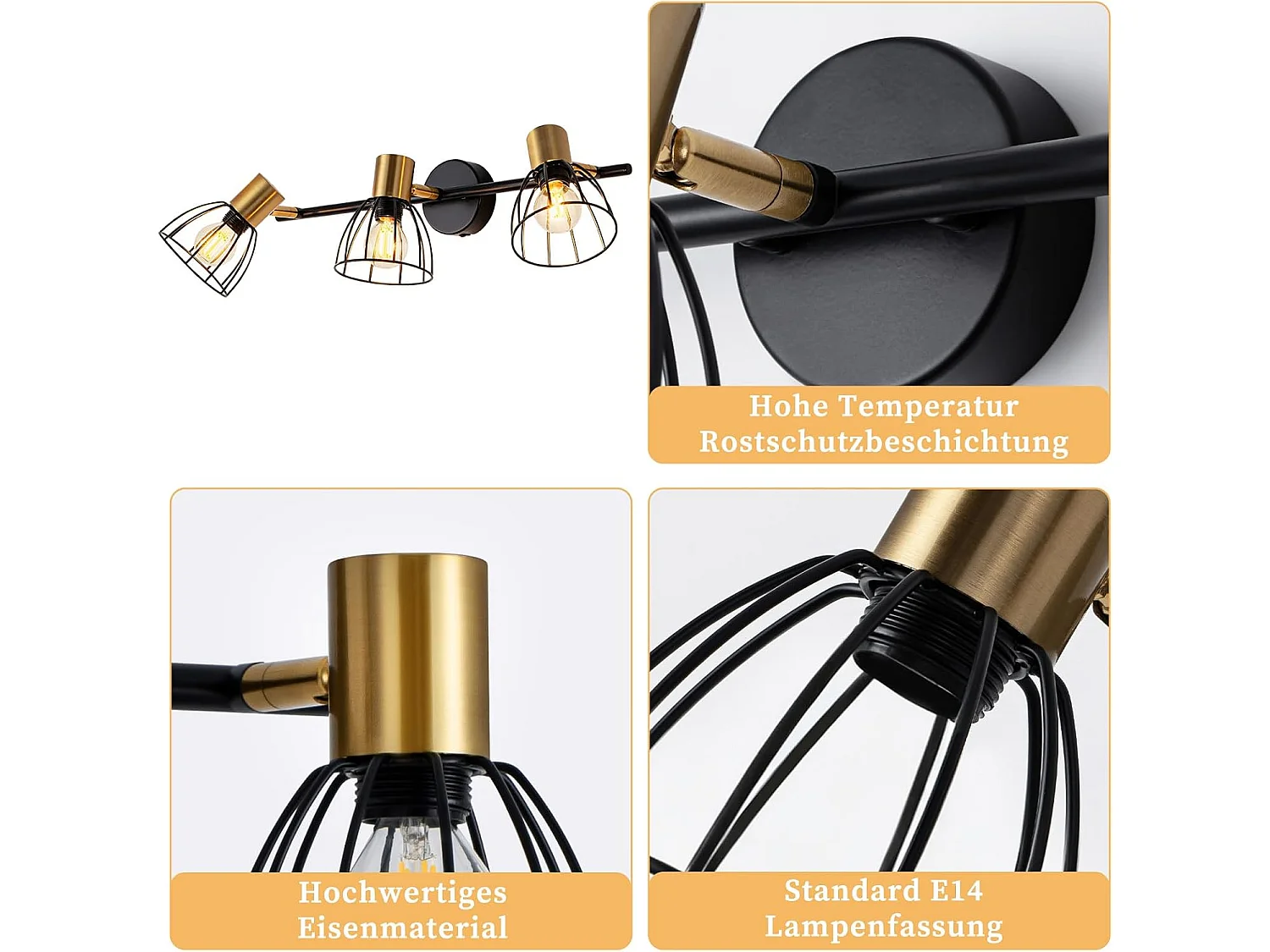 NETTLIFE vintage zwarte metalen wandlamp, 3xE14, 350° verstelbare spots, retrostijl, voor woonkamer, hal, slaapkamer (lampen niet inbegrepen)