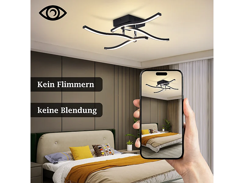 Nettlife Wave Design LED-Deckenleuchte, Schwarz – 24 W, 3000 K Warmweiß – Moderne Lampe für Wohnzimmer, Schlafzimmer, Küche, Büro