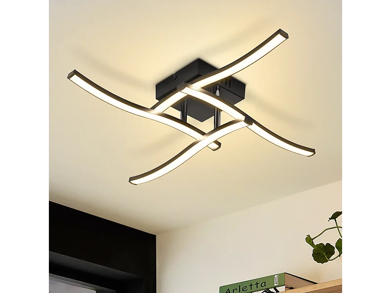 Nettlife Plafonnier LED Design Vague Noir - 24W 3000K Blanc Chaud - Lampe Moderne pour Salon Chambre Cuisine Bureau