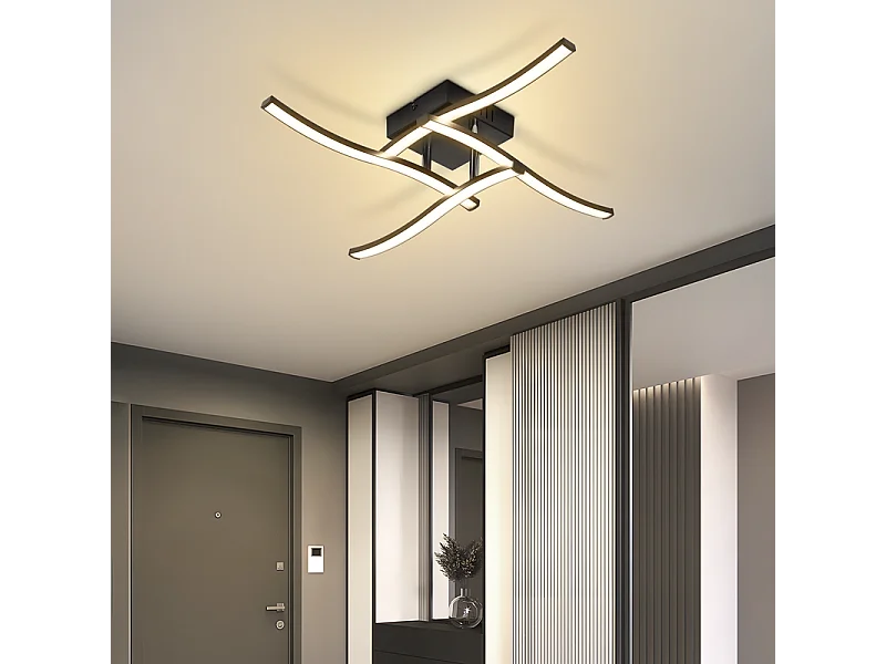 Nettlife Plafonnier LED Design Vague Noir - 24W 3000K Blanc Chaud - Lampe Moderne pour Salon Chambre Cuisine Bureau