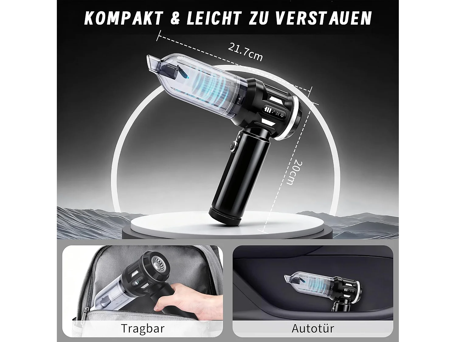 Nettlife Akku-Handstaubsauger 17000 Pa – Leistungsstarker 4-in-1 Mini-Autostaubsauger – 3 Geschwindigkeitsstufen, bürstenloser Motor – Für Haushalt & Tierhaare