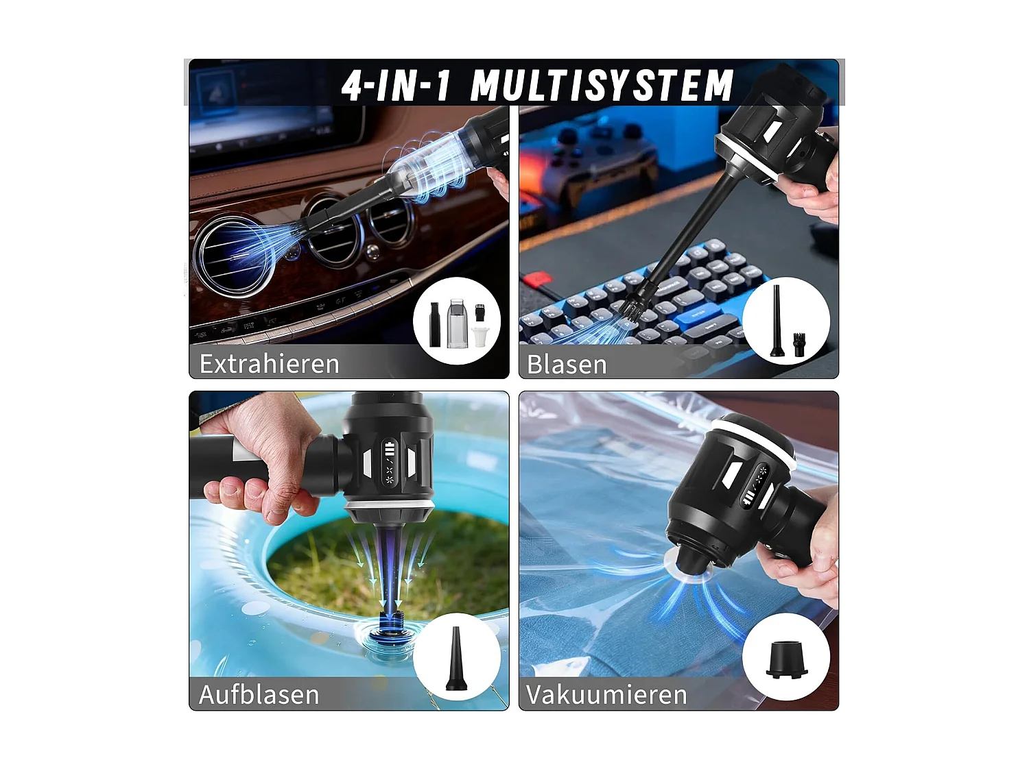 Nettlife Akku-Handstaubsauger 17000 Pa – Leistungsstarker 4-in-1 Mini-Autostaubsauger – 3 Geschwindigkeitsstufen, bürstenloser Motor – Für Haushalt & Tierhaare