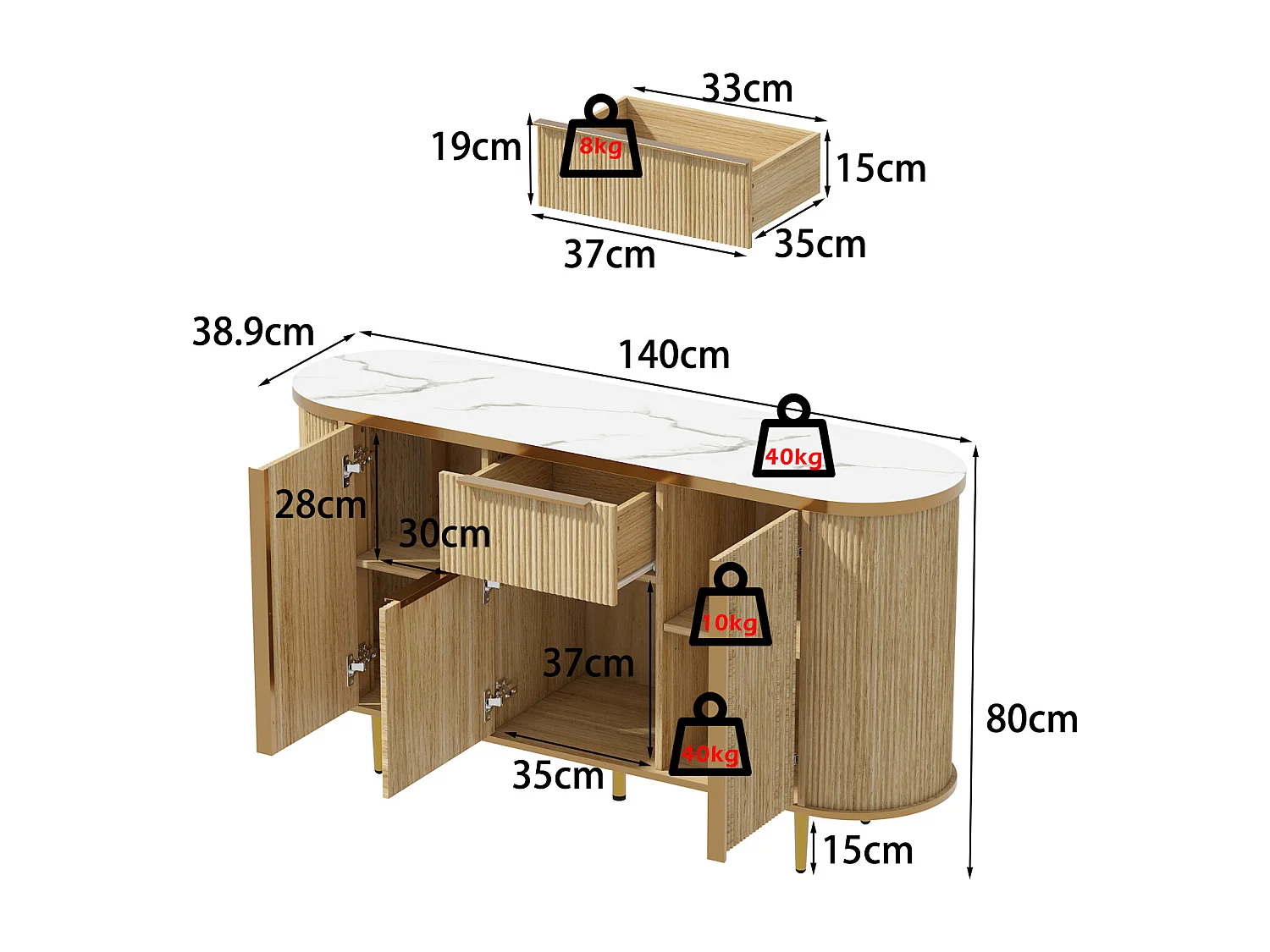 Buffet avec 3 Portes et Tiroir pour Salon, Rangement avec Plateau avec Aspect du Marbre, 140x38.9x80, Naturel