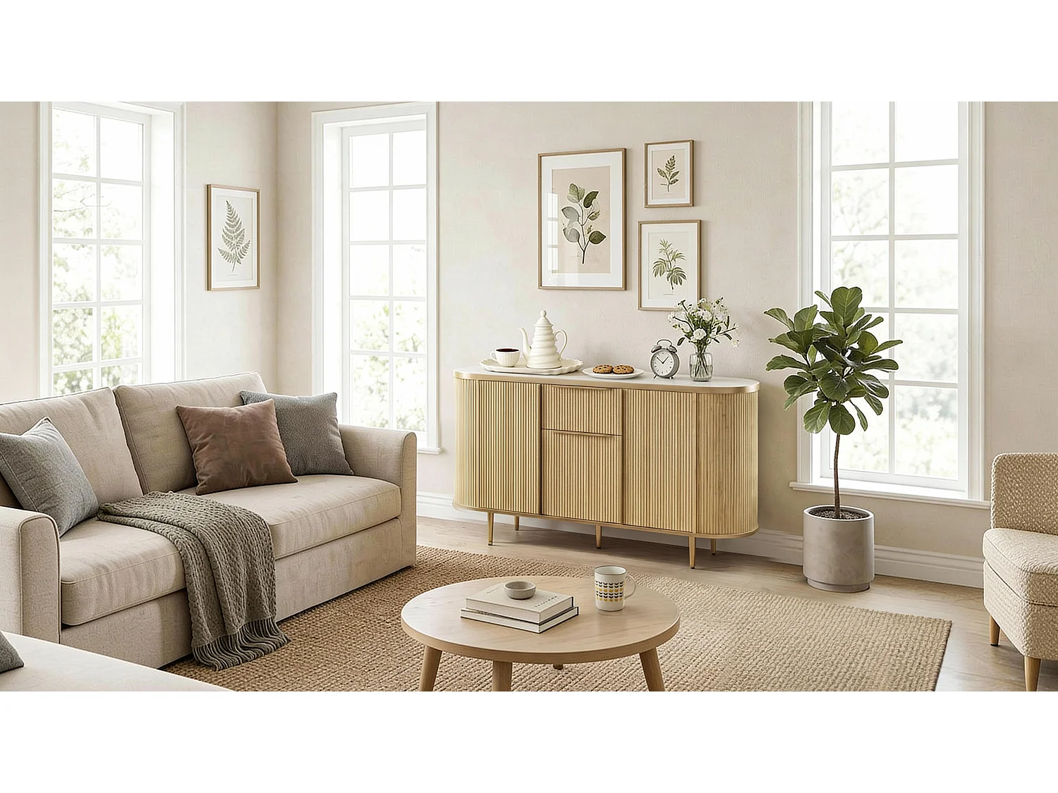 Buffet avec 3 Portes et Tiroir pour Salon, Rangement avec Plateau avec Aspect du Marbre, 140x38.9x80, Naturel
