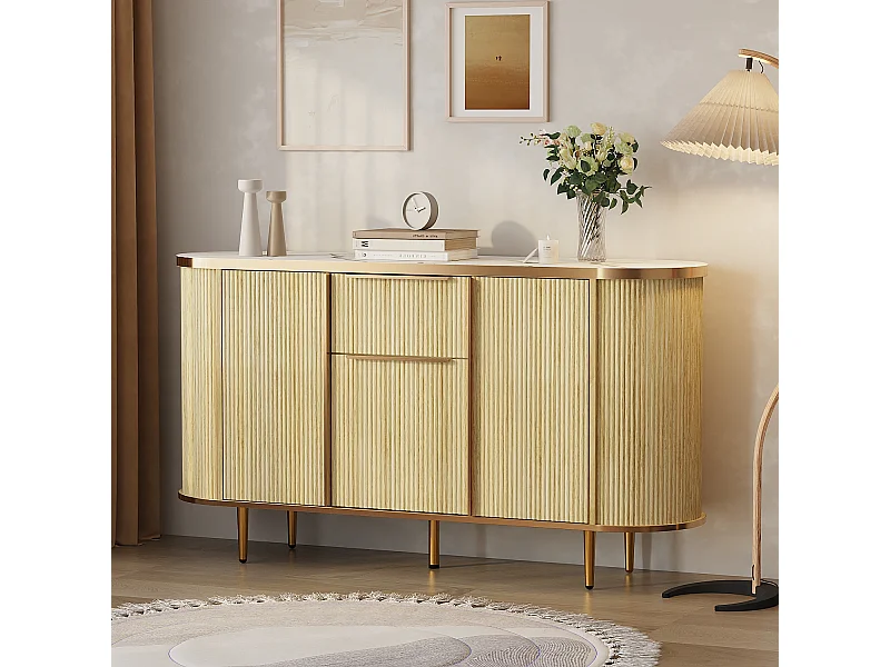 Buffet avec 3 Portes et Tiroir pour Salon, Rangement avec Plateau avec Aspect du Marbre, 140x38.9x80, Naturel
