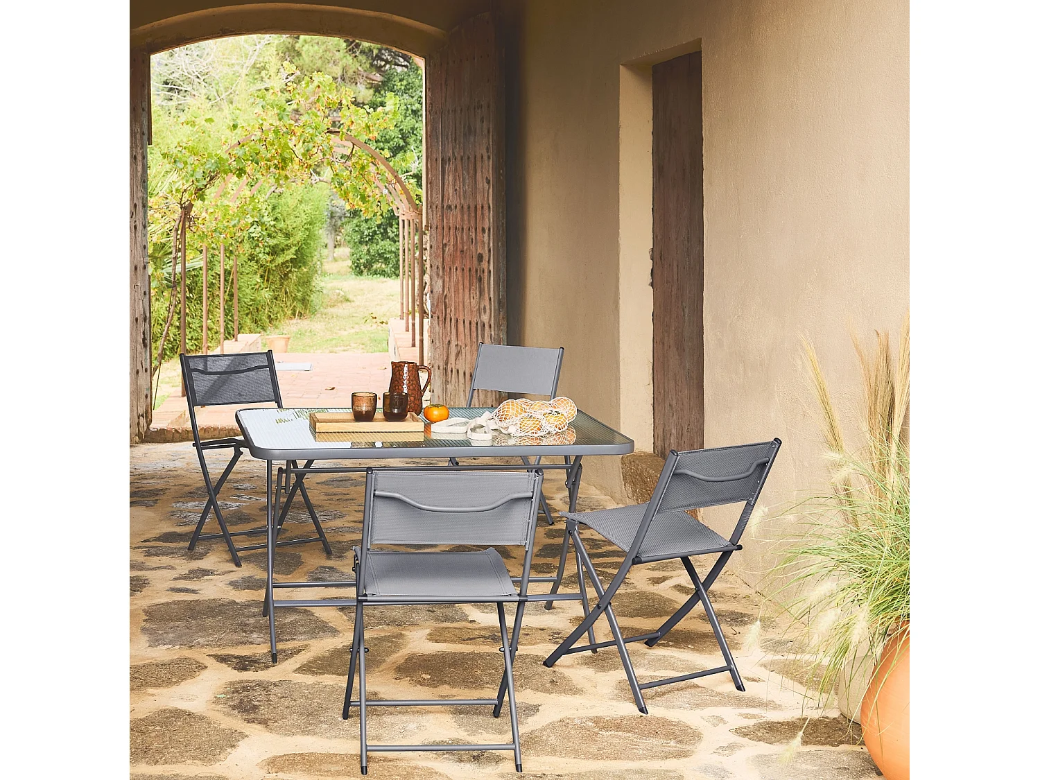 Set de jardín plegable de acero antracita Ancona con mesa de vidrio templado y 4 sillas cómodas de textilene