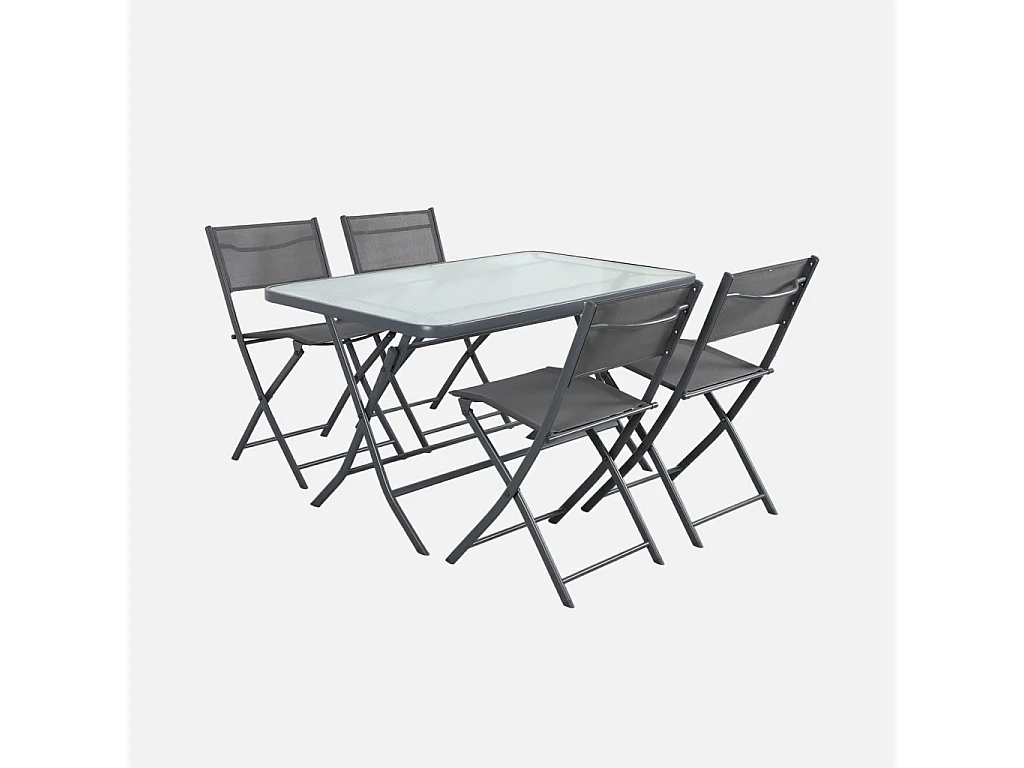 Set de jardín plegable de acero antracita Ancona con mesa de vidrio templado y 4 sillas cómodas de textilene