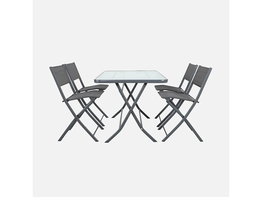 Set de jardín plegable de acero antracita Ancona con mesa de vidrio templado y 4 sillas cómodas de textilene
