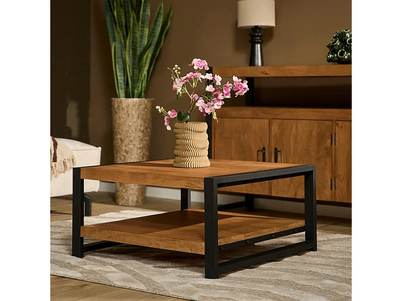Table basse carrée bois métal MILORA