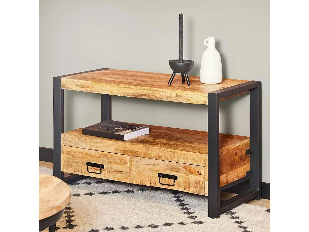 Petit meuble TV bois métal 2 tiroirs 120 cm MILORA