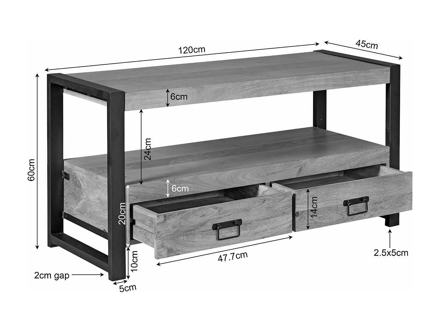 Petit meuble TV bois métal 2 tiroirs 120 cm MILORA