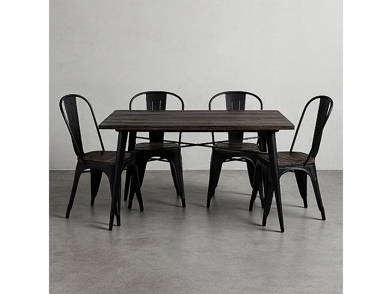Ensemble Table et Chaises Style Industriel, Métal Noir Mat et Bois Naturel Foncé, 120x80cm - Design Factory