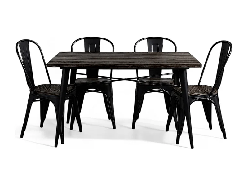 Ensemble Table et Chaises Style Industriel, Métal Noir Mat et Bois Naturel Foncé, 120x80cm - Design Factory