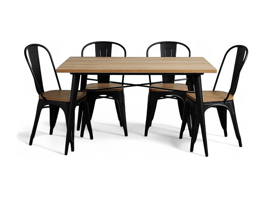 Ensemble Table et Chaises Style Industriel, Métal Noir Mat et Bois Naturel Clair, 120x80cm - Design Factory