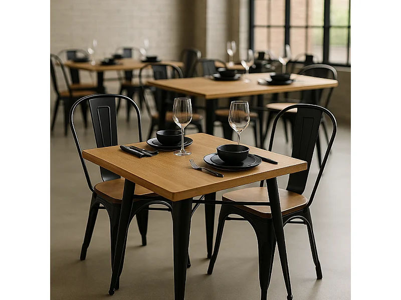 Ensemble Table et Chaises Style Industriel, Métal Noir Mat et Bois Naturel Clair, 120x80cm - Design Factory