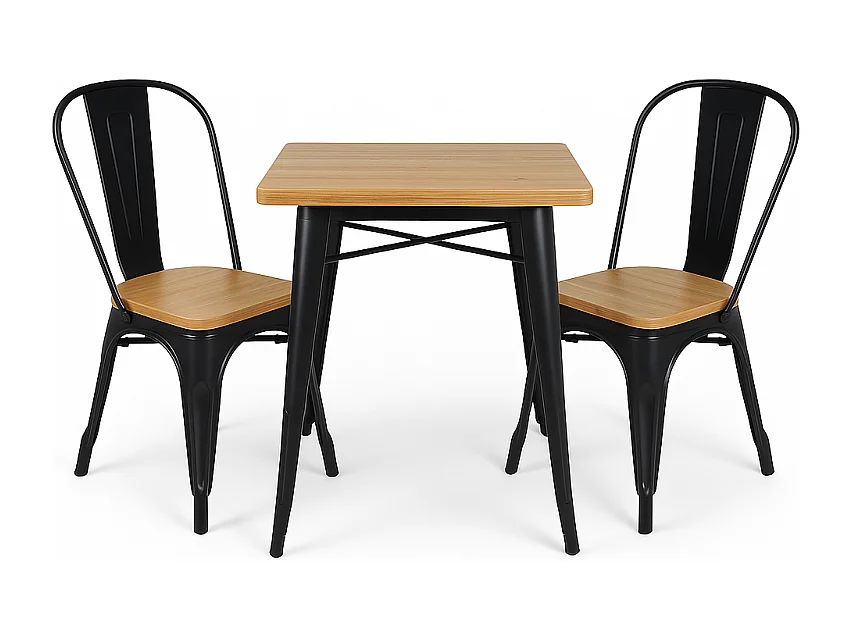 Ensemble Table et Chaises Style Industriel, Métal Noir Mat et Bois Naturel Clair, 60x60cm - Design Factory