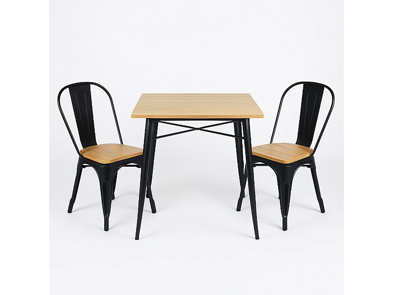 Ensemble Table et Chaises Style Industriel, Métal Noir Mat et Bois Naturel Clair, 60x60cm - Design Factory