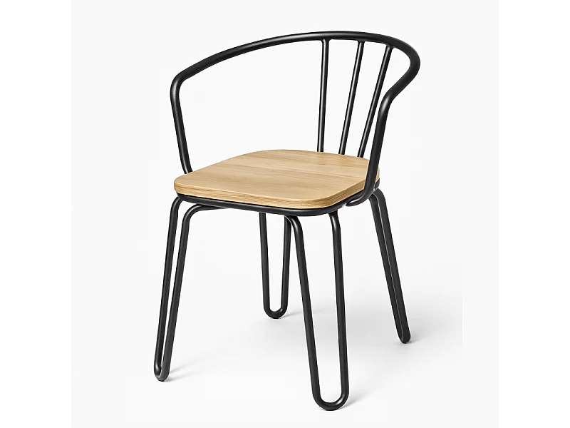 Chaise en métal noir mat, bois clair – pieds épingle et dossier ajouré - Style industriel