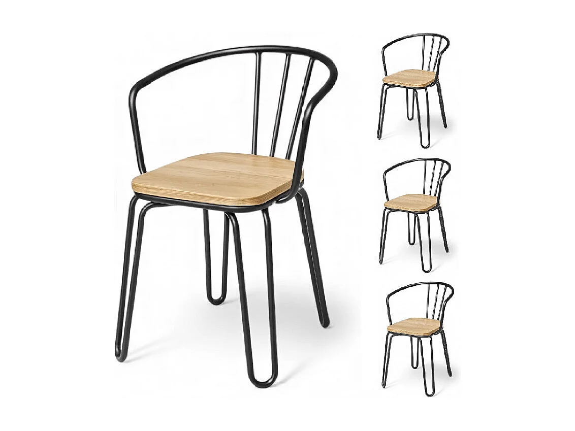 Lot de 4 chaises en métal noir mat, bois clair – pieds épingle et dossier ajouré - Style industriel