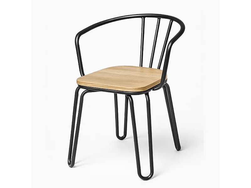 Lot de 4 chaises en métal noir mat, bois clair – pieds épingle et dossier ajouré - Style industriel