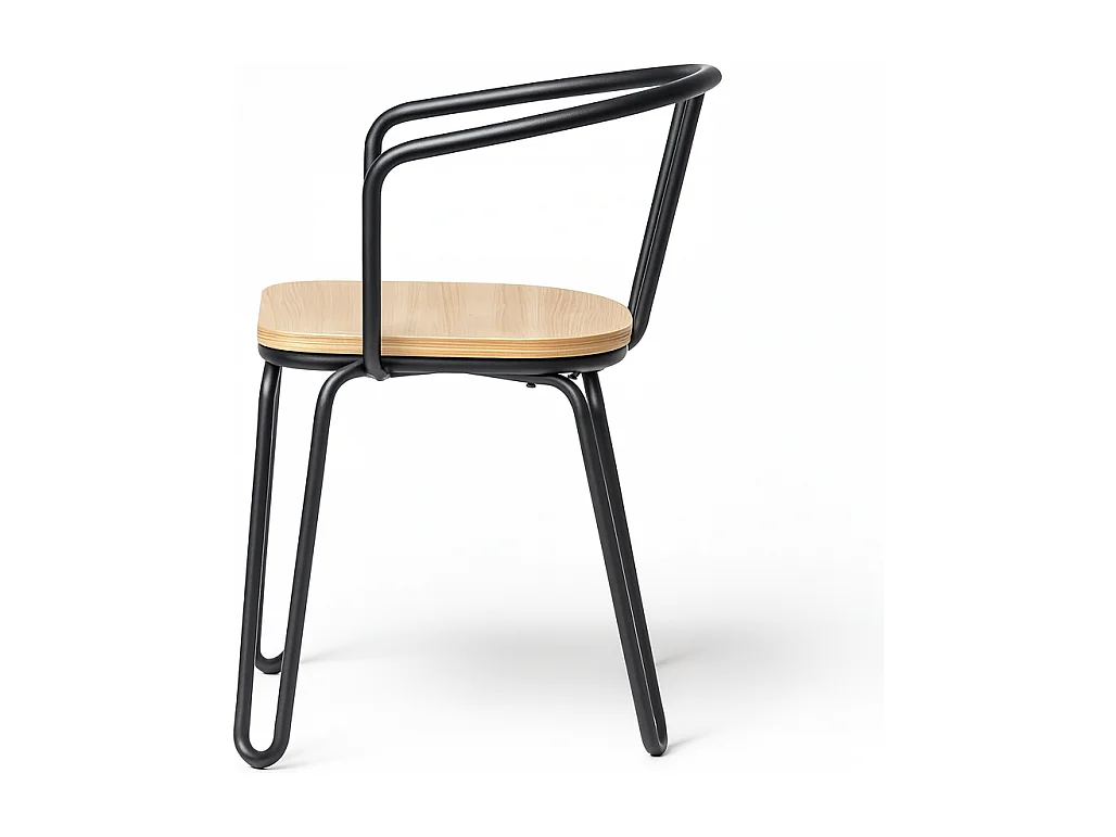 Lot de 4 chaises en métal noir mat, bois clair – pieds épingle et dossier ajouré - Style industriel