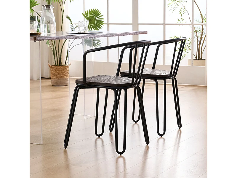 Lot de 4 chaises en métal noir mat, bois foncé – pieds épingle et dossier ajouré - Style industriel