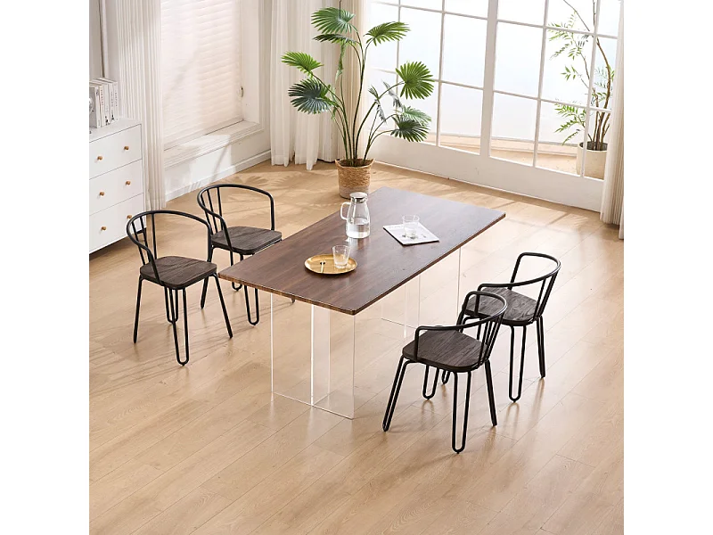 Lot de 4 chaises en métal noir mat, bois foncé – pieds épingle et dossier ajouré - Style industriel