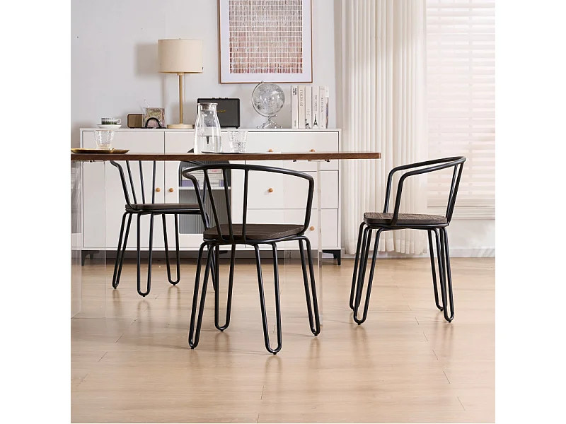 Lot de 4 chaises en métal noir mat, bois foncé – pieds épingle et dossier ajouré - Style industriel