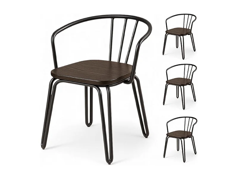 Lot de 4 chaises en métal noir mat, bois foncé – pieds épingle et dossier ajouré - Style industriel