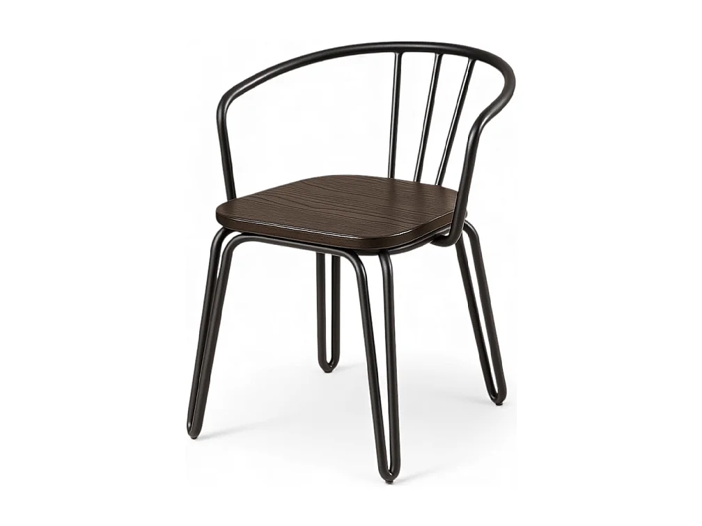 Chaise en métal noir mat, bois foncé – pieds épingle et dossier ajouré - Style industriel